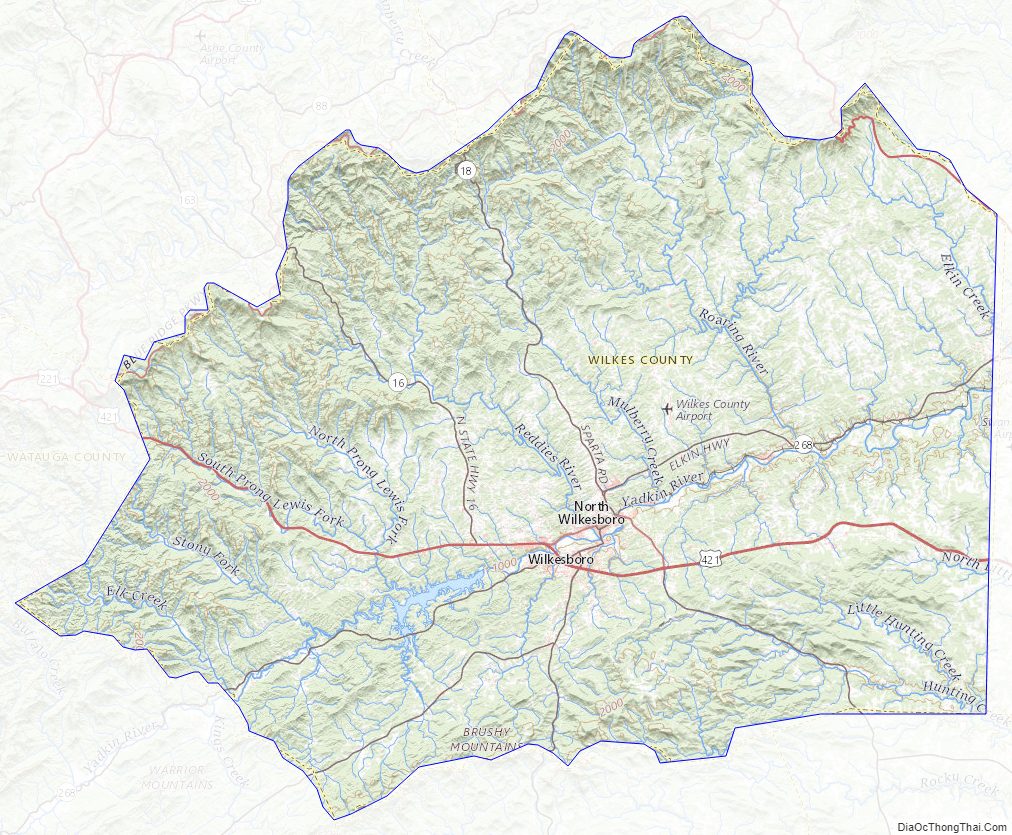 Topographic map of Wilkes County, North Carolina