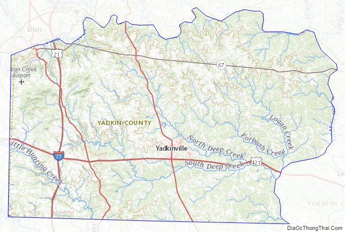 Topographic map of Yadkin County, North Carolina