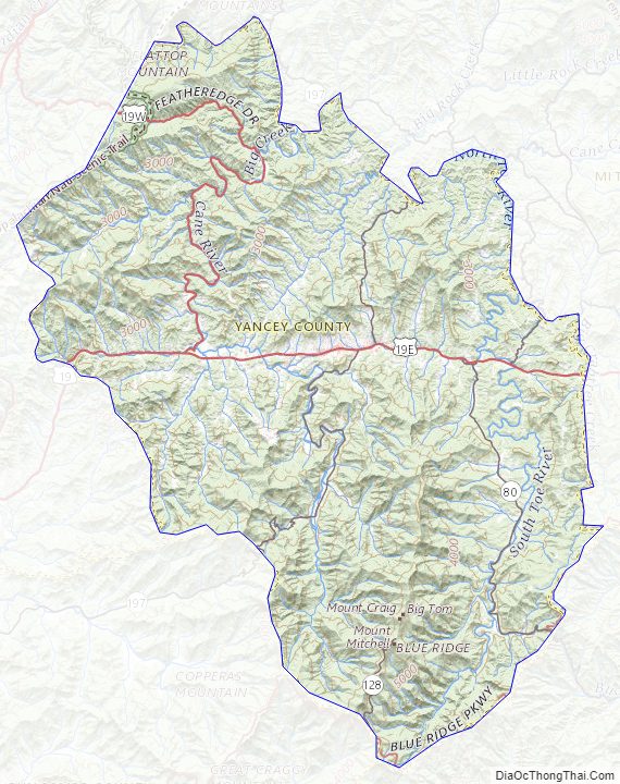 Topographic map of Yancey County, North Carolina