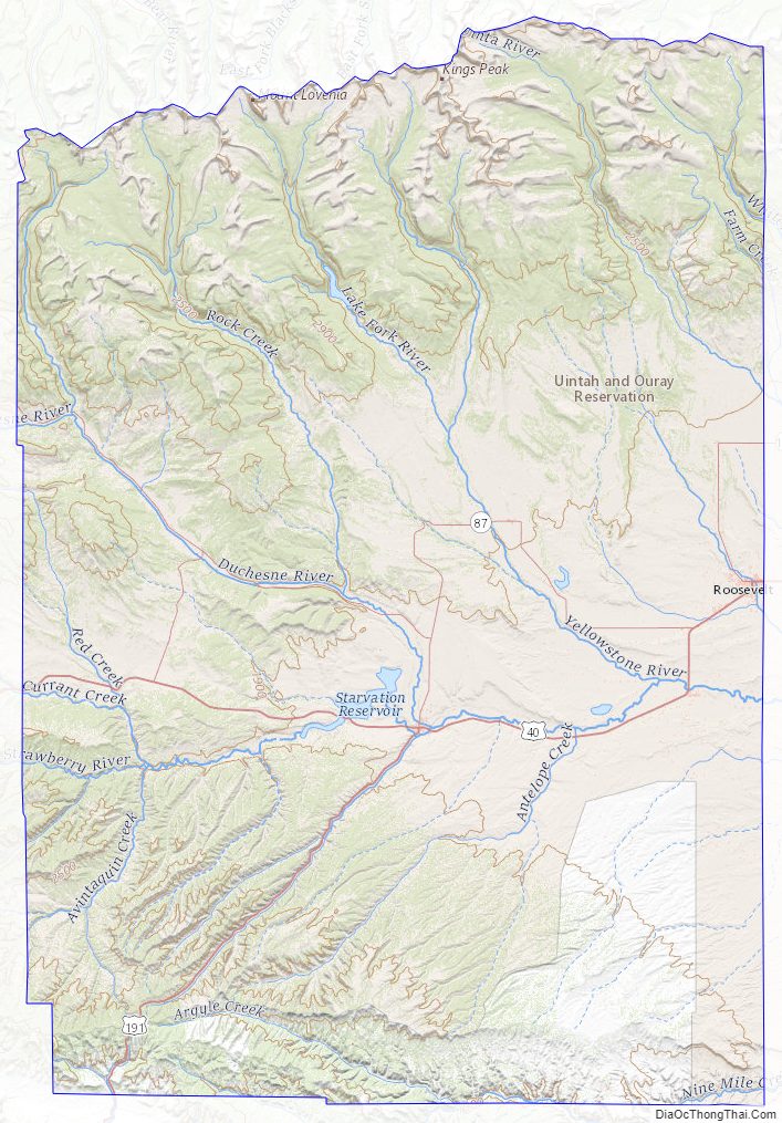 Topographic map of Duchesne County, Utah