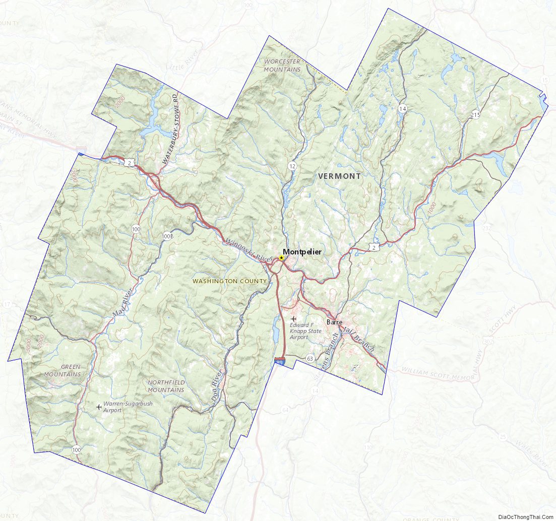Topographic map of Washington County, Vermont