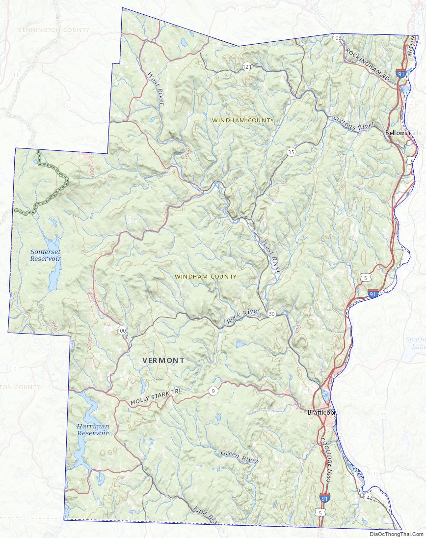 Topographic map of Windham County, Vermont