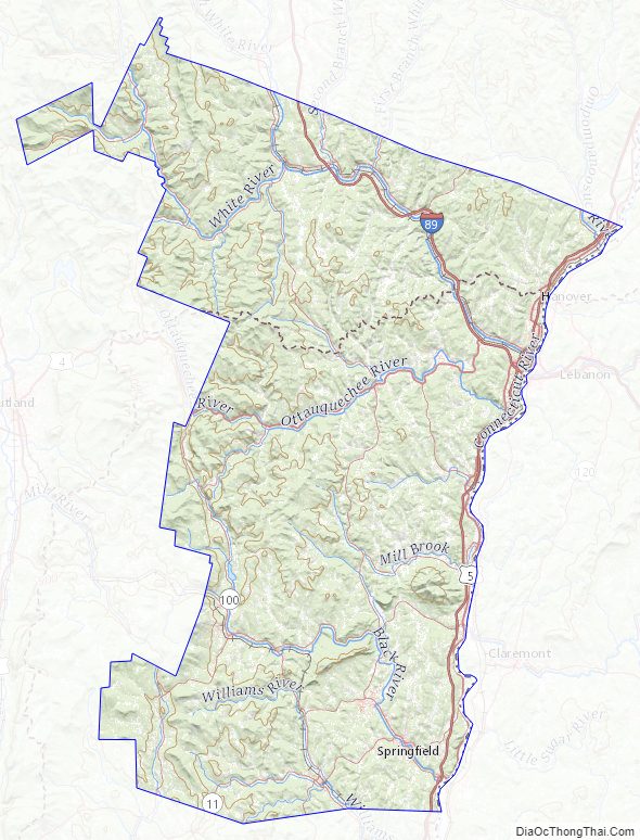 Topographic map of Windsor County, Vermont