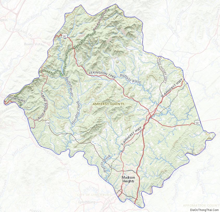 Topographic map of Amherst County, Virginia