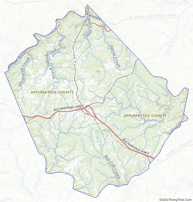 Topographic map of Appomattox County, Virginia