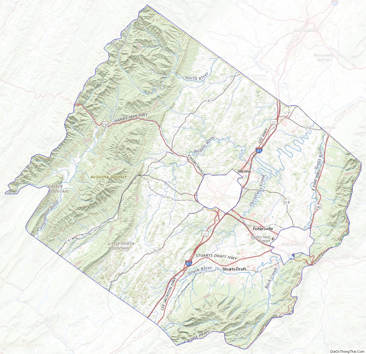 Topographic map of Augusta County, Virginia