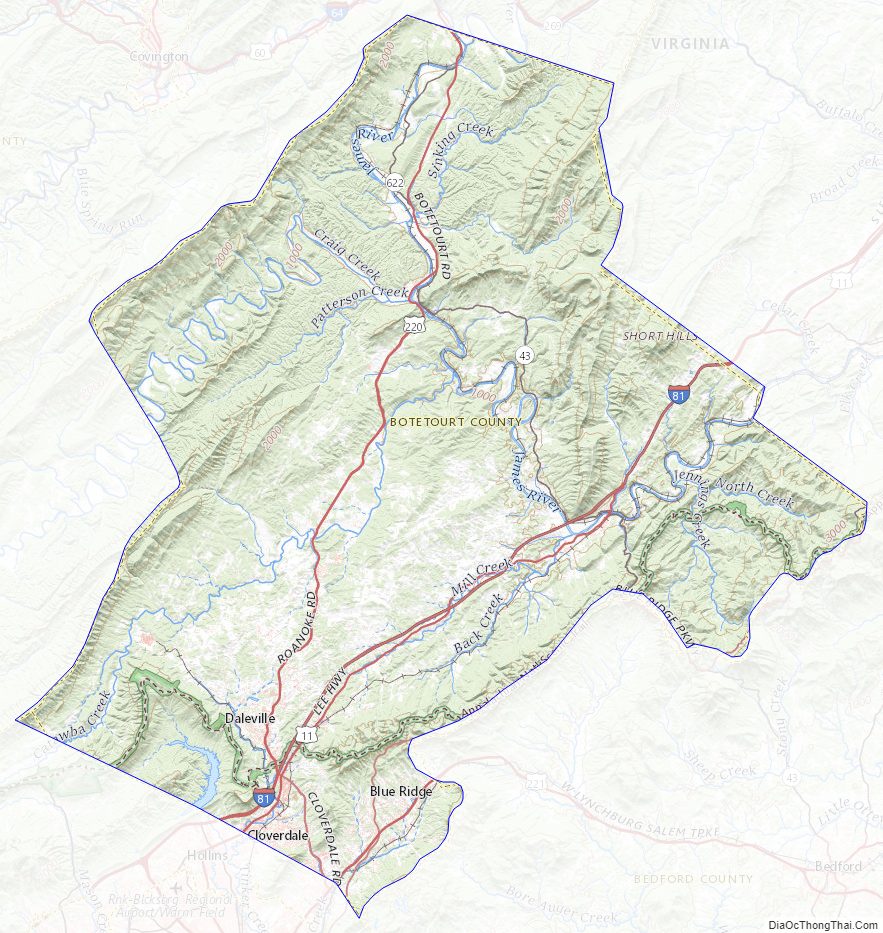 Topographic map of Botetourt County, Virginia