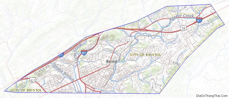 Topographic map of Bristol Independent City, Virginia
