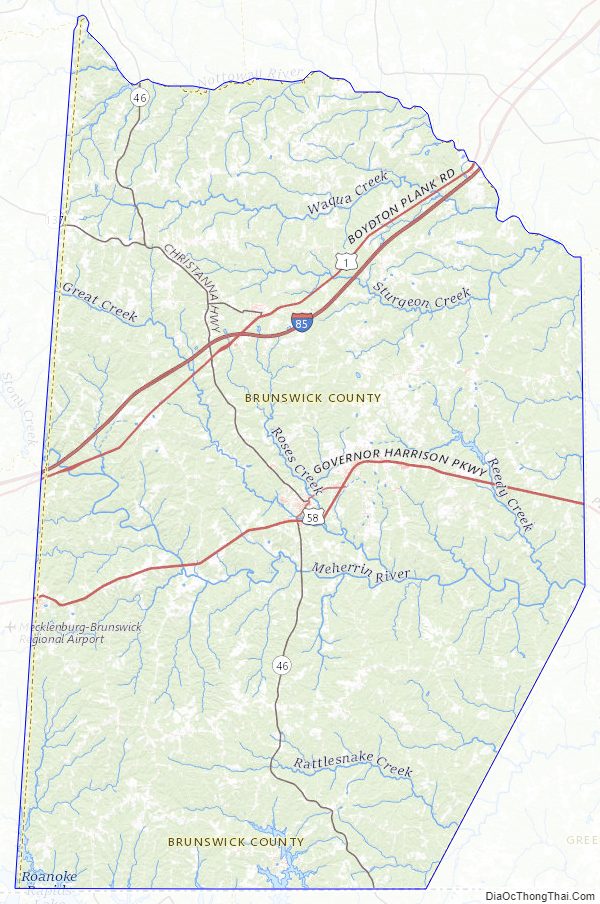 Topographic map of Brunswick County, Virginia