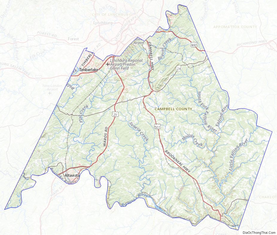 Topographic map of Campbell County, Virginia