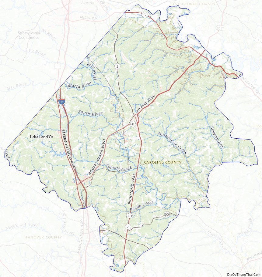 Topographic map of Caroline County, Virginia
