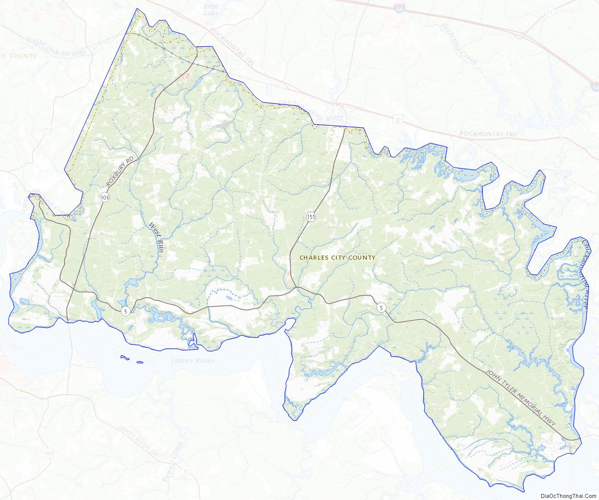 Topographic map of Charles City County, Virginia