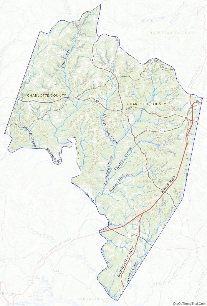 Topographic map of Charlotte County, Virginia