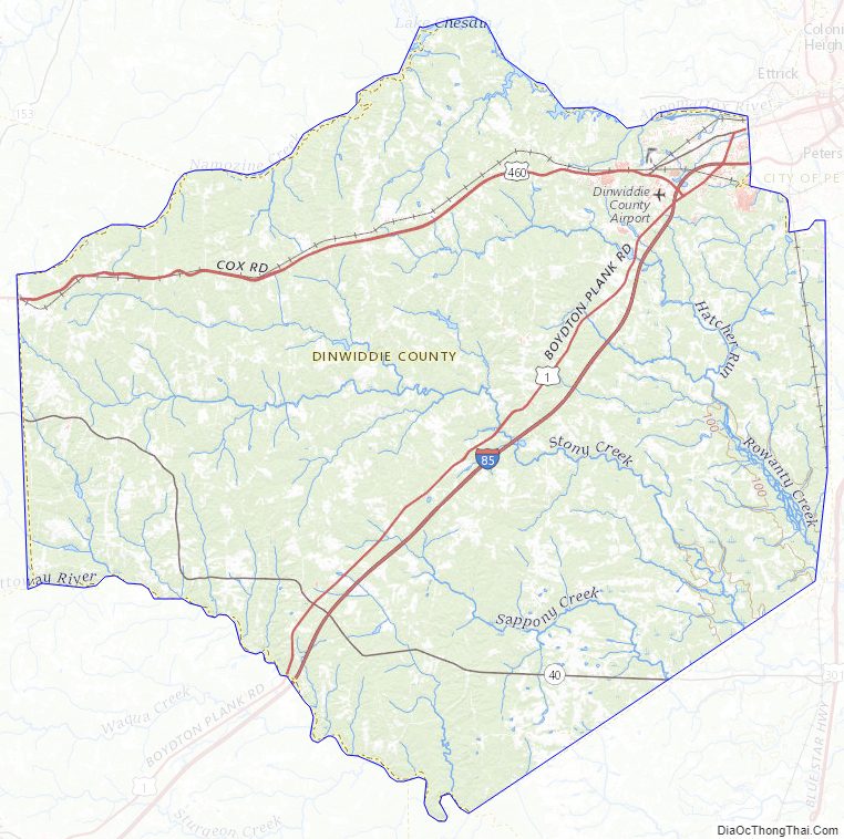 Topographic map of Dinwiddie County, Virginia