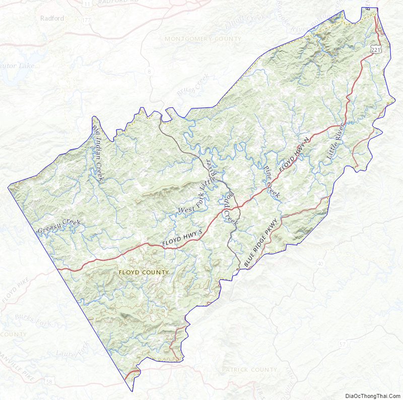 Topographic map of Floyd County, Virginia
