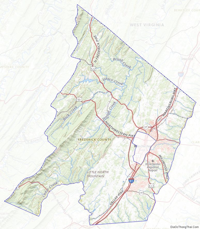 Topographic map of Frederick County, Virginia