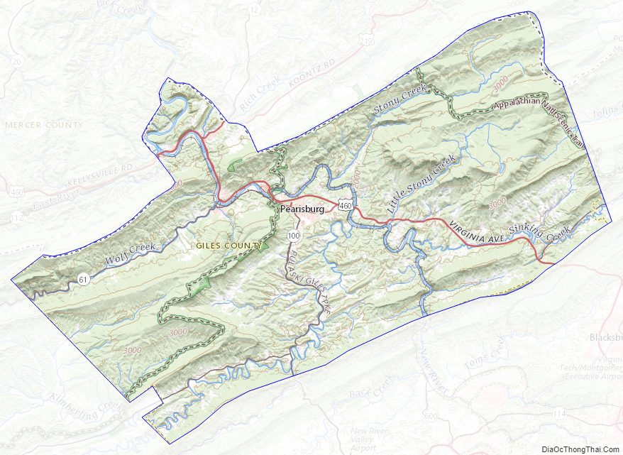 Topographic map of Giles County, Virginia