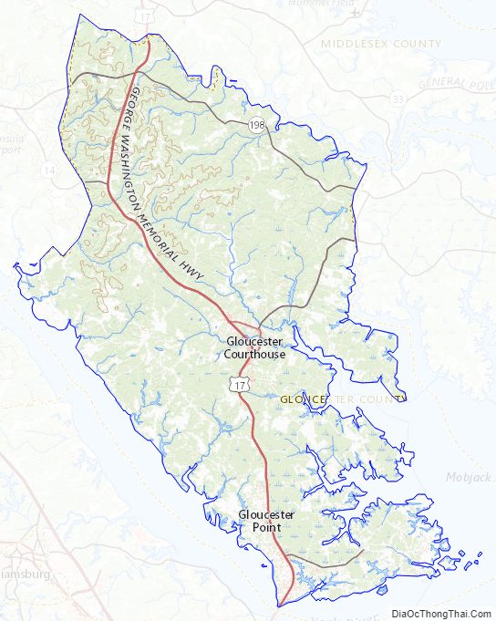 Topographic map of Gloucester County, Virginia