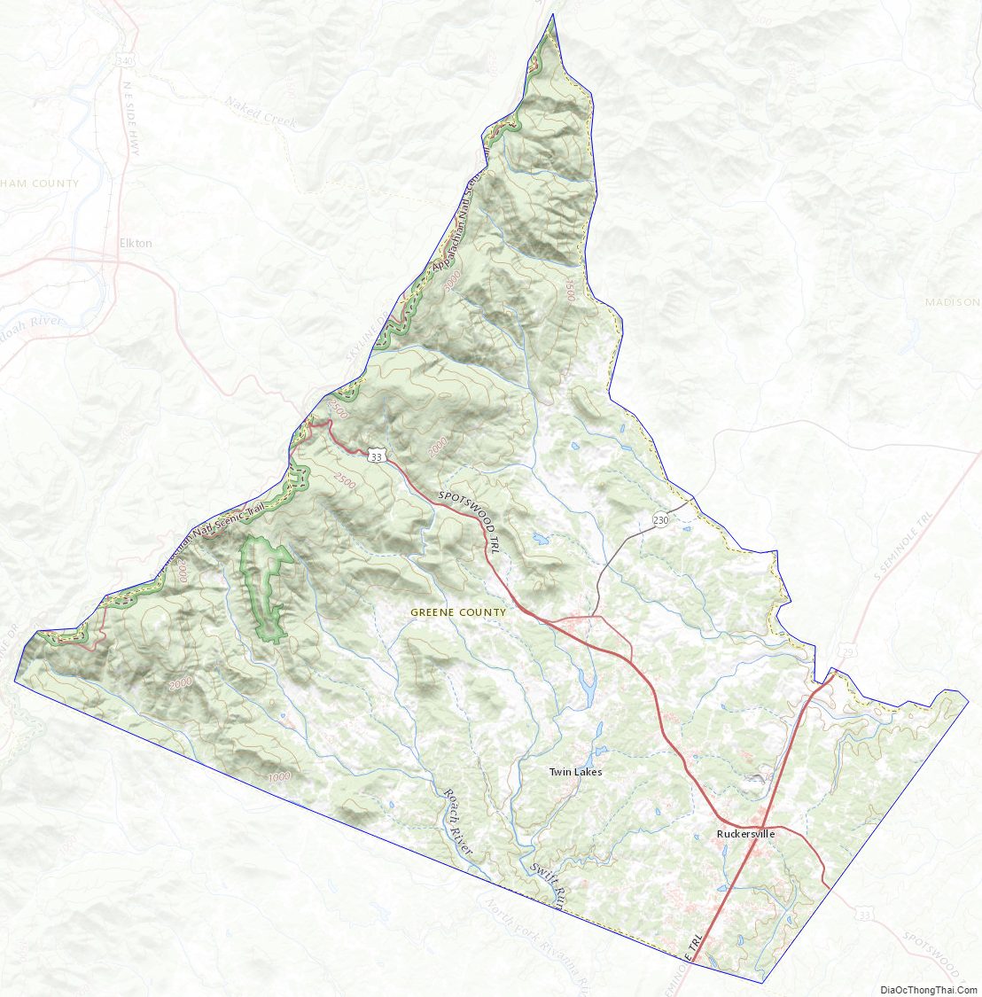 Topographic map of Greene County, Virginia