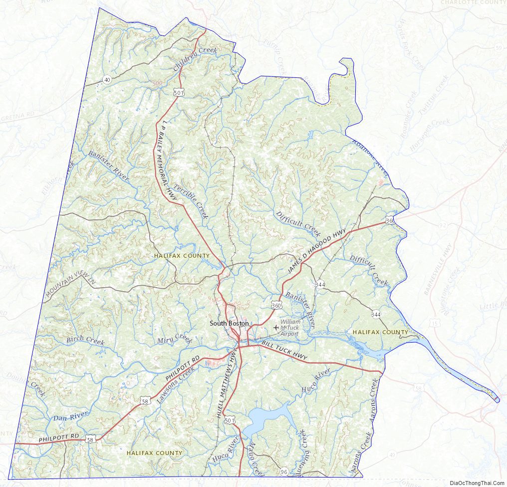 Topographic map of Halifax County, Virginia