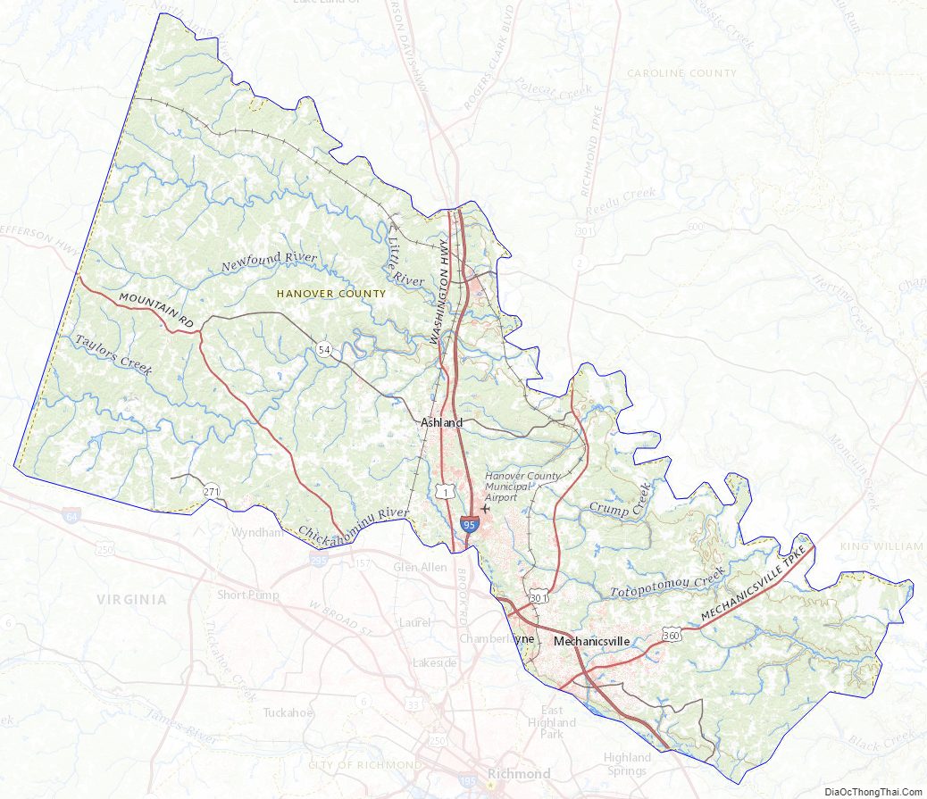 Topographic map of Hanover County, Virginia