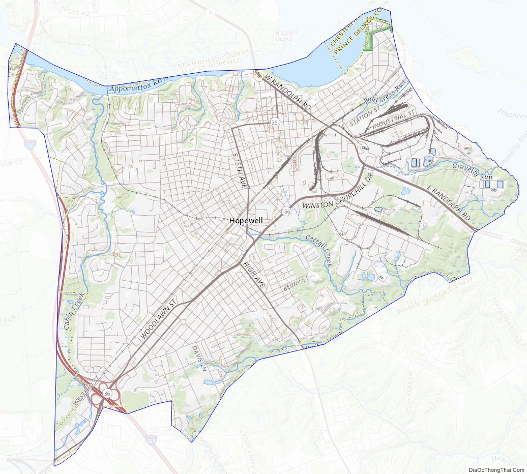 Topographic map of Hopewell Independent City, Virginia