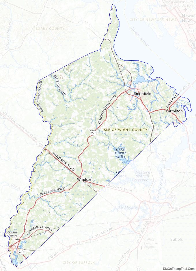 Topographic map of Isle of Wight County, Virginia