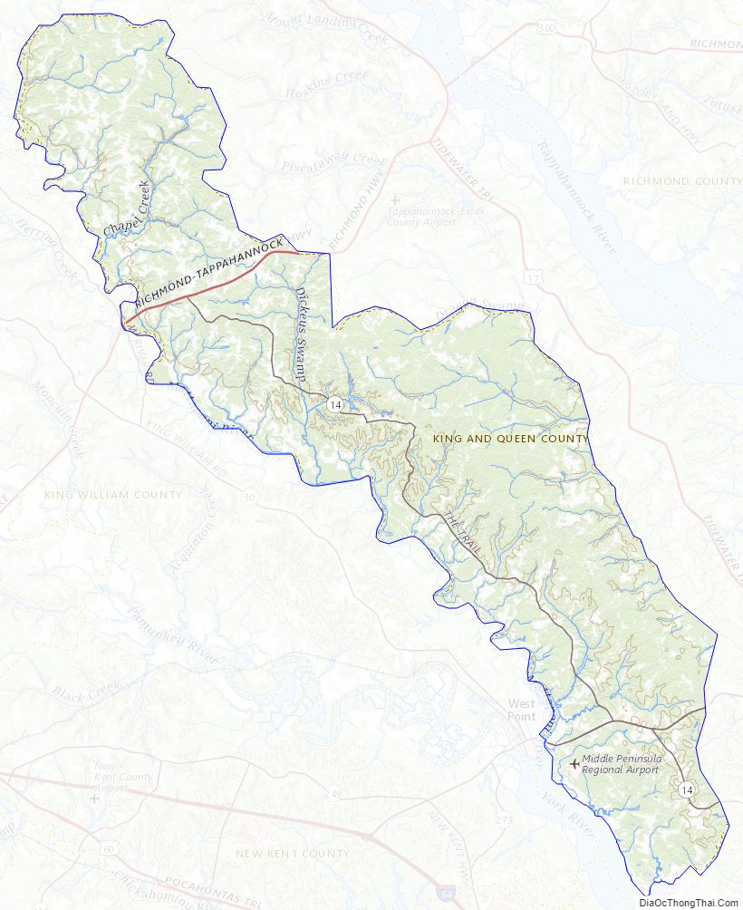 Topographic map of King and Queen County, Virginia