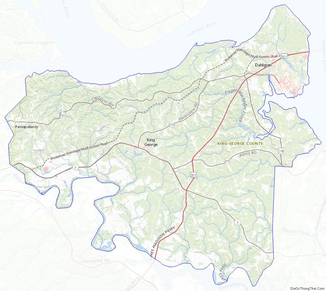 Topographic map of King George County, Virginia