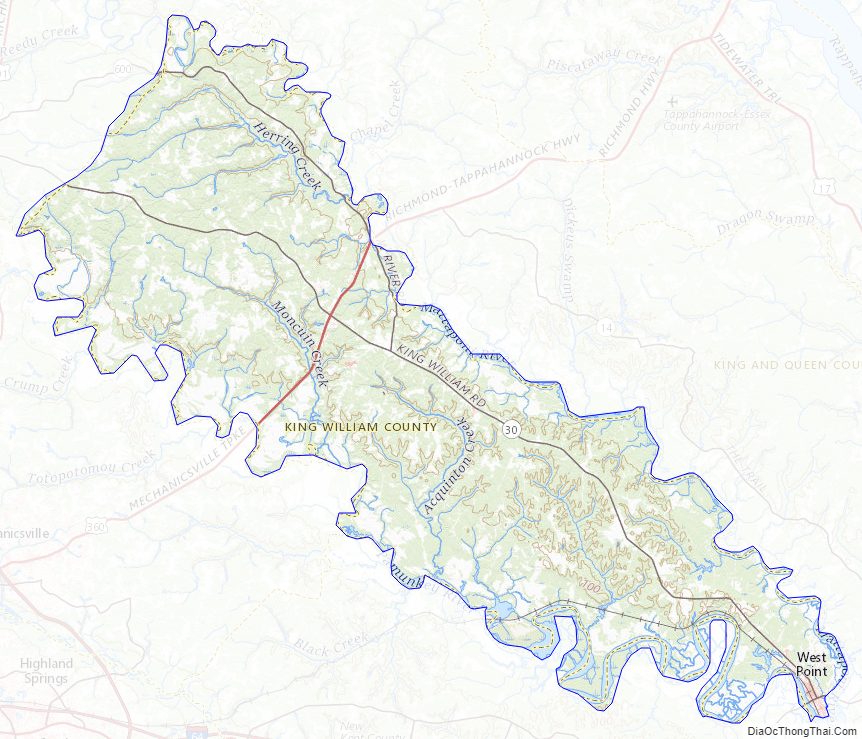 Topographic map of King William County, Virginia