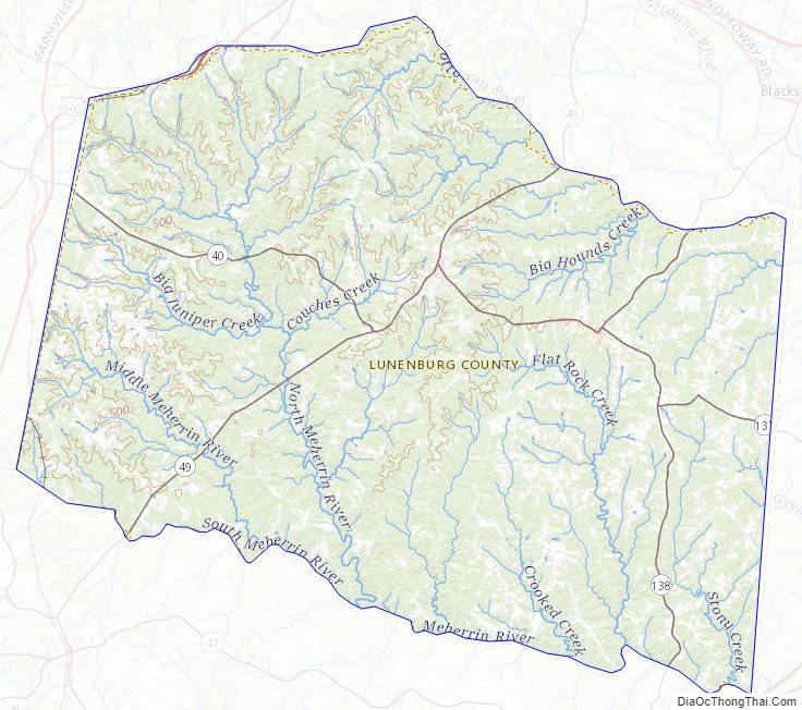 Topographic map of Lunenburg County, Virginia