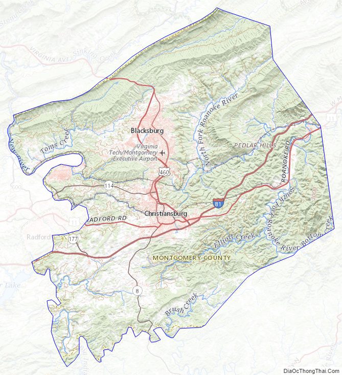Topographic map of Montgomery County, Virginia