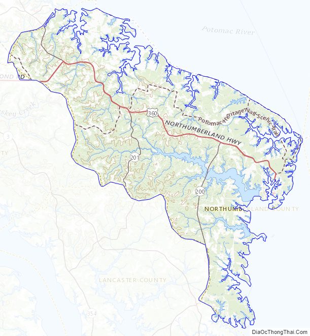 Topographic map of Northumberland County, Virginia