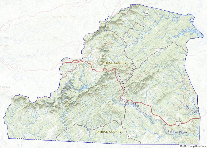 Topographic map of Patrick County, Virginia