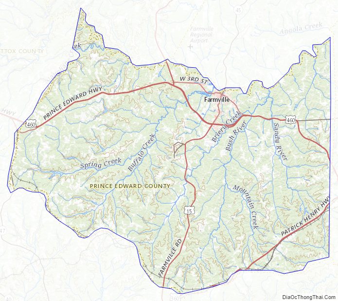 Topographic map of Prince Edward County, Virginia