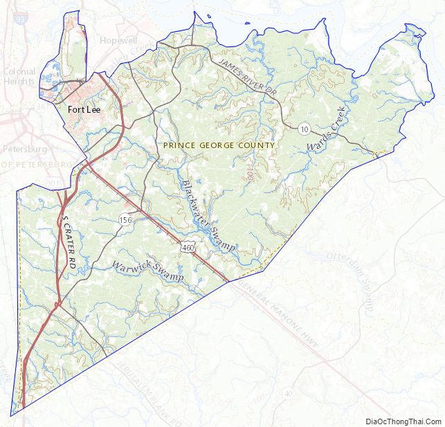 Topographic map of Prince George County, Virginia