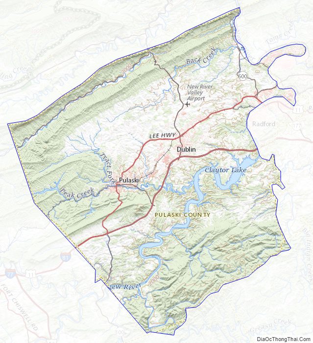 Topographic map of Pulaski County, Virginia