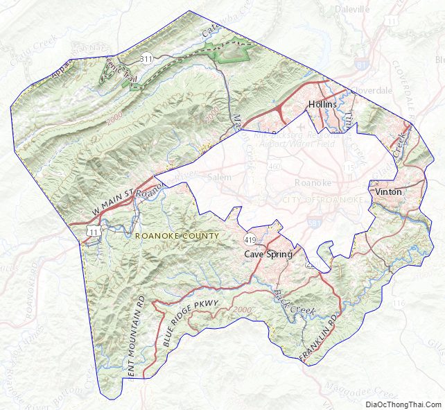 Topographic map of Roanoke County, Virginia