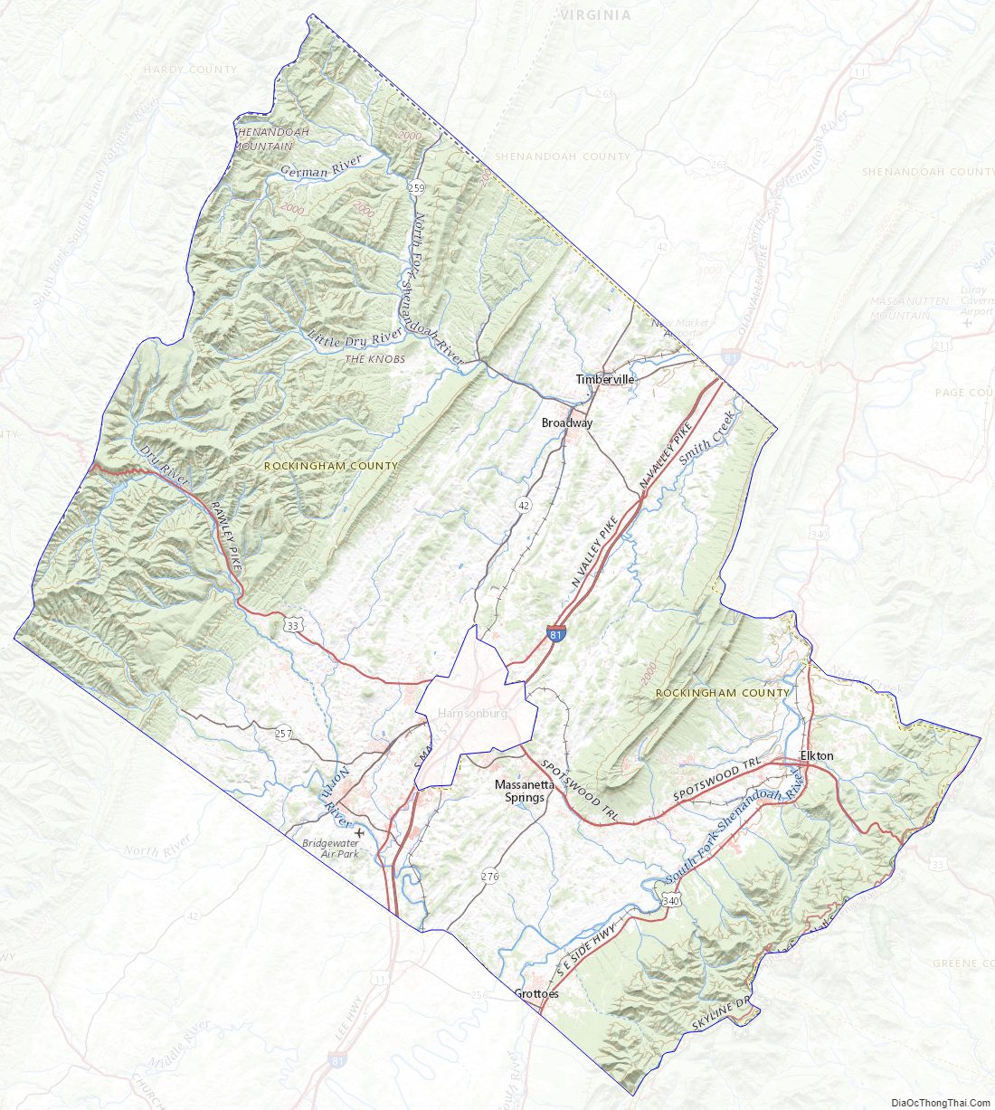 Topographic map of Rockingham County, Virginia