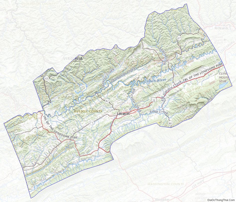 Topographic map of Russell County, Virginia