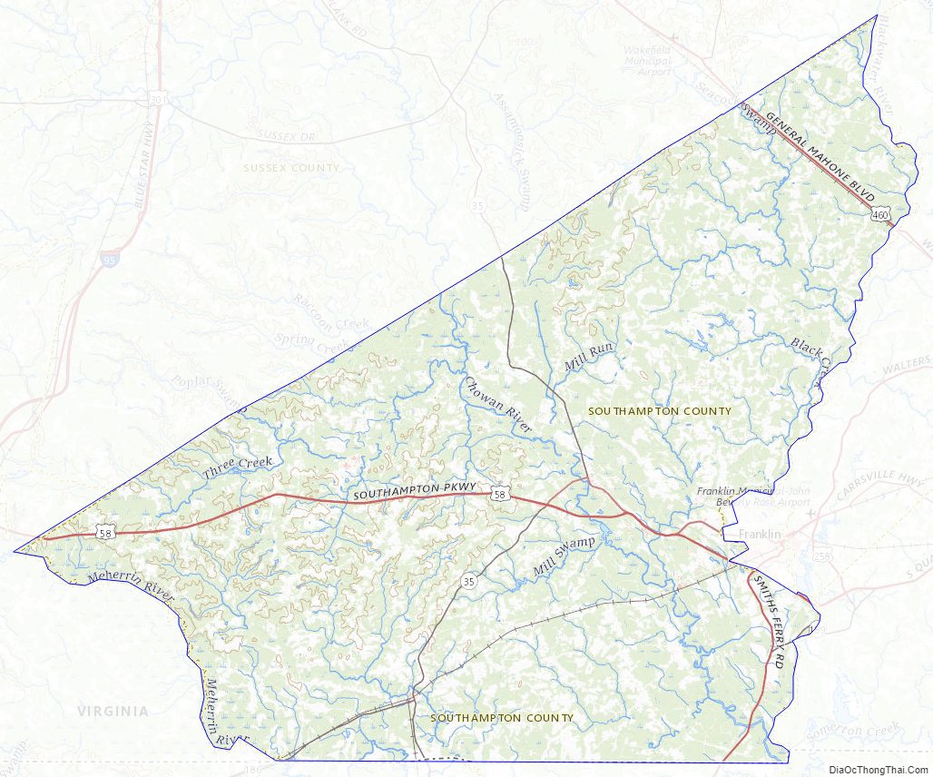 Topographic map of Southampton County, Virginia