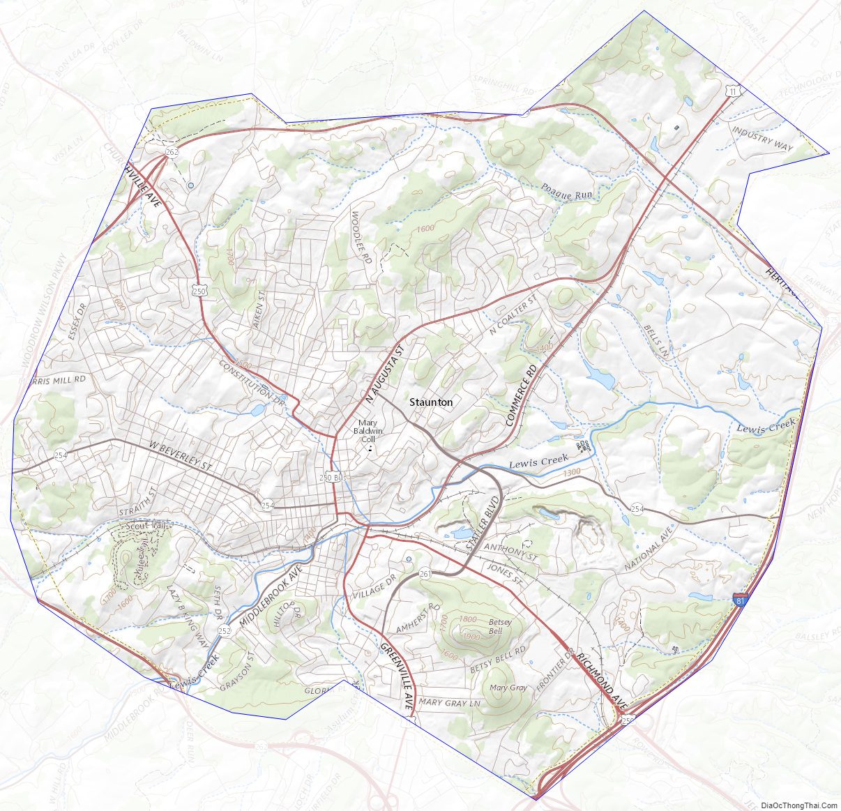 Topographic map of Staunton Independent City, Virginia