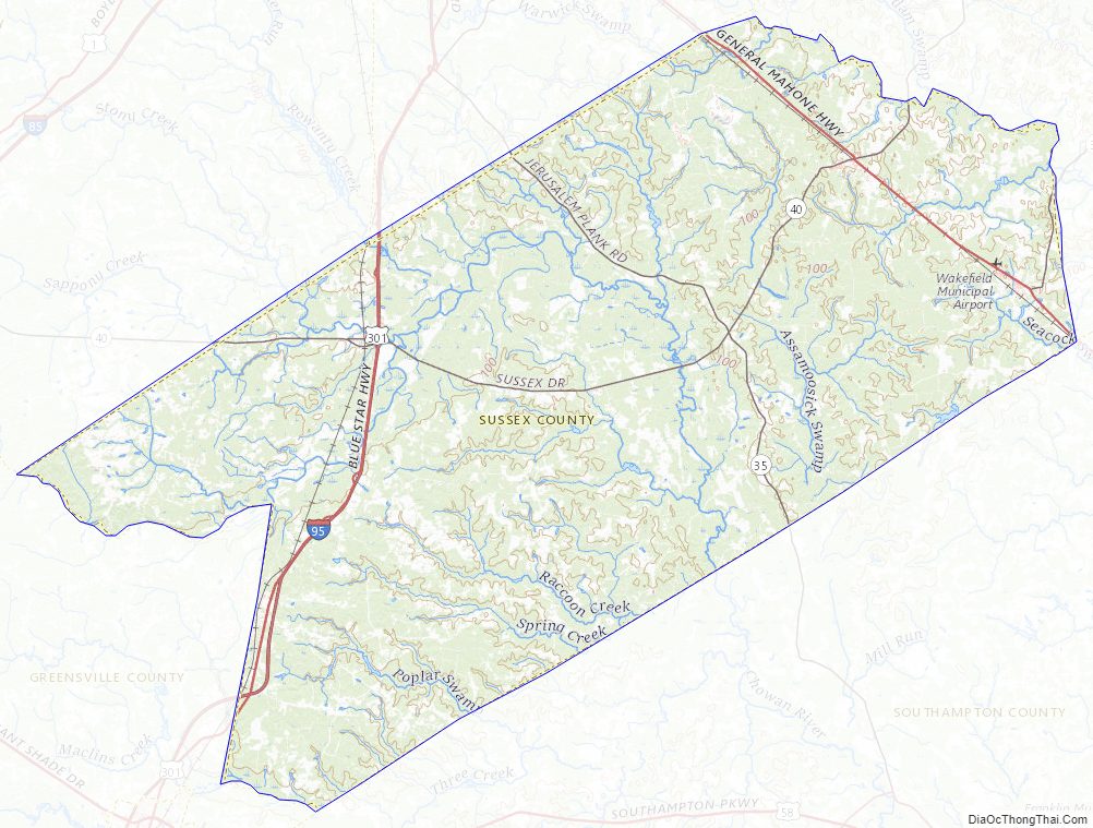 Topographic map of Sussex County, Virginia