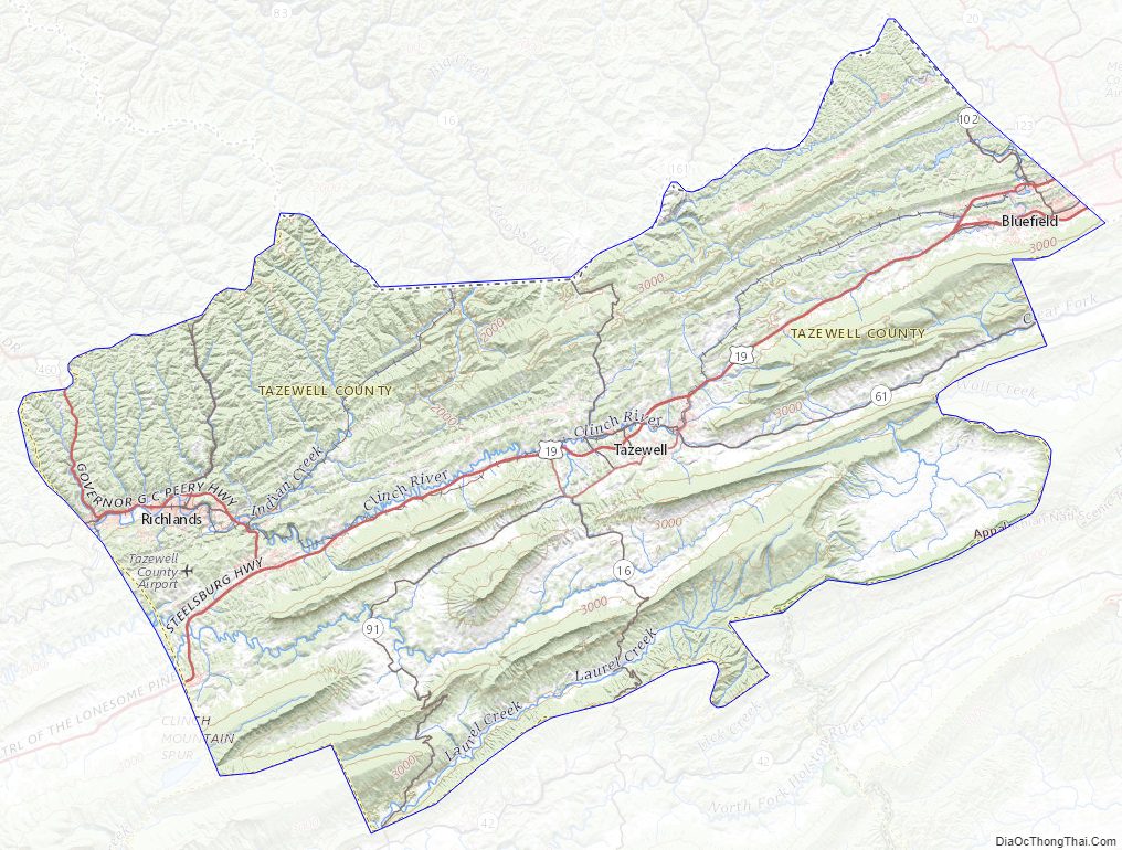 Topographic map of Tazewell County, Virginia