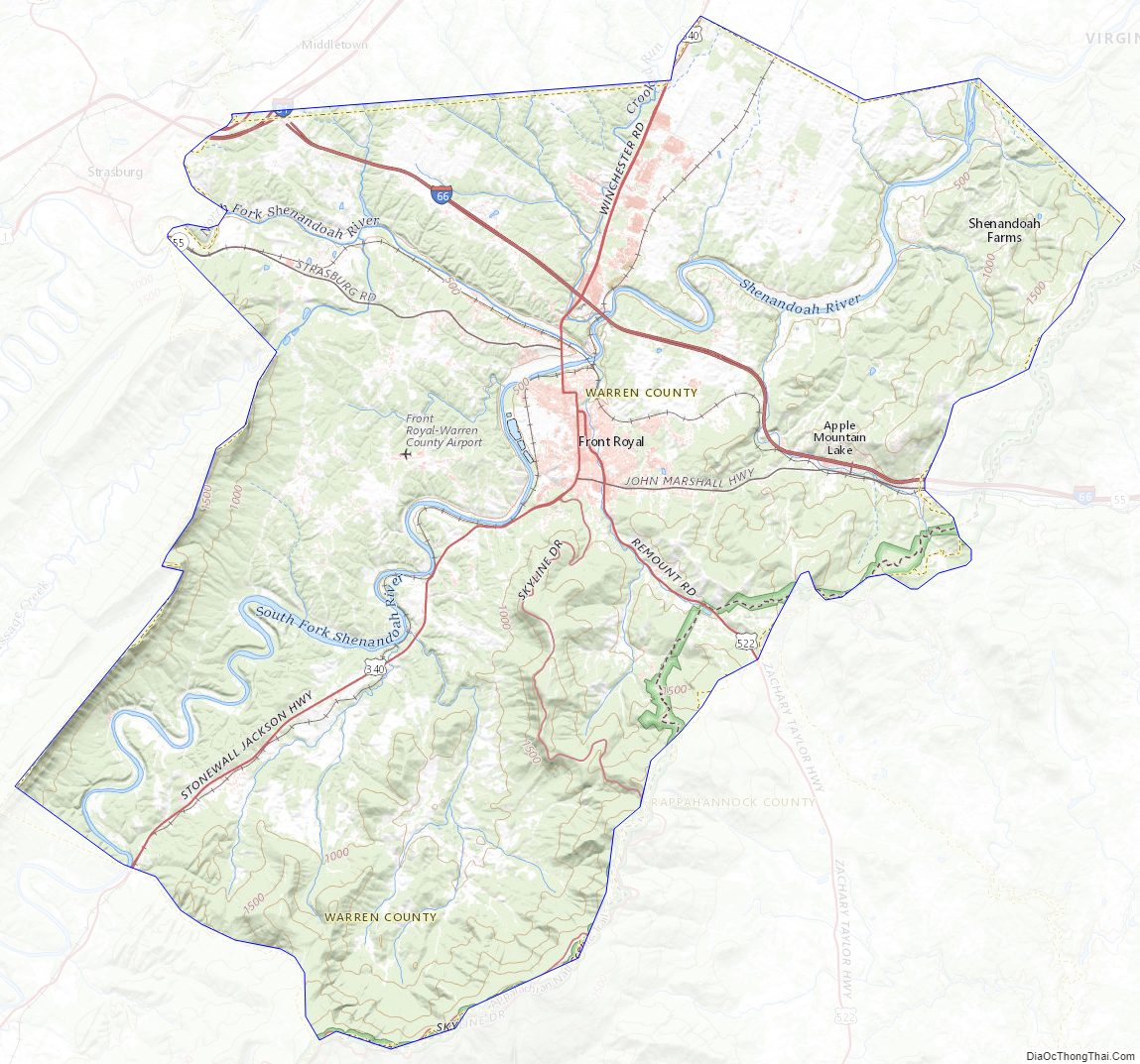 Topographic map of Warren County, Virginia