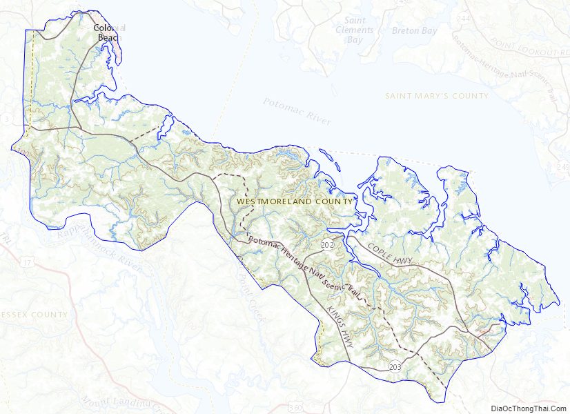 Topographic map of Westmoreland County, Virginia