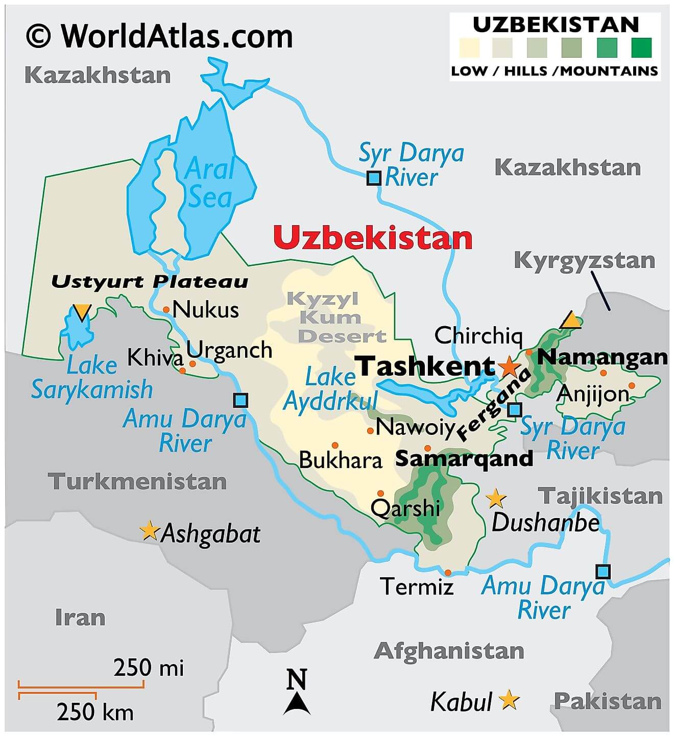 Bản đồ vật lý của Uzbekistan