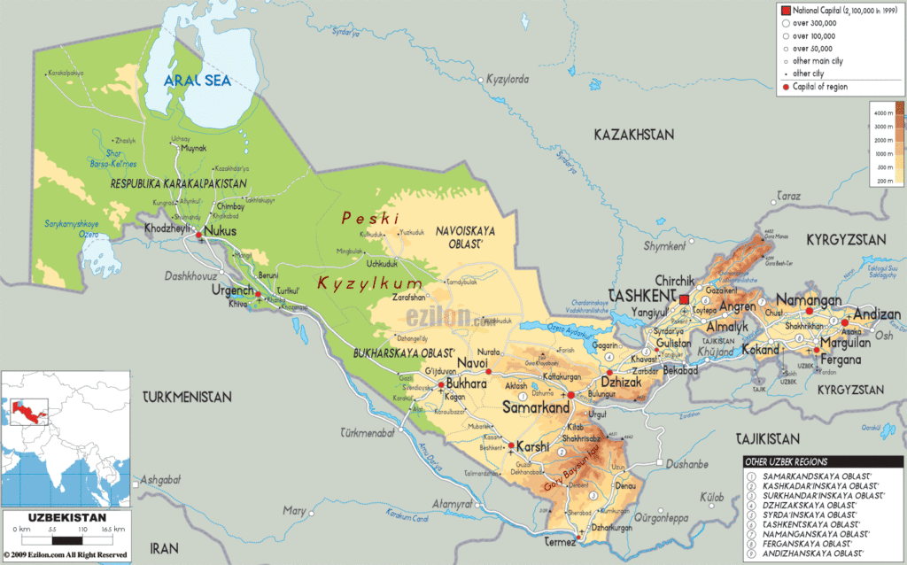 Bản đồ vật lý Uzbekistan