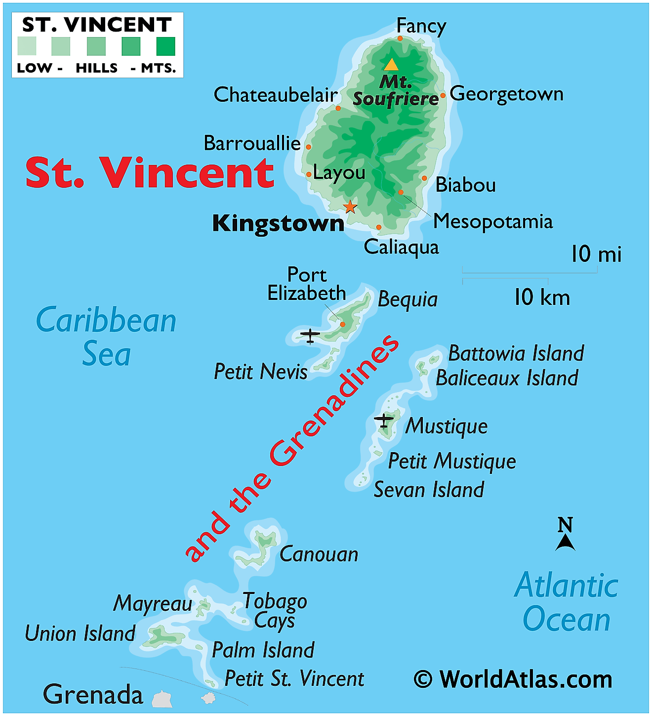 Physical Map of St Vincent and the Grenadines