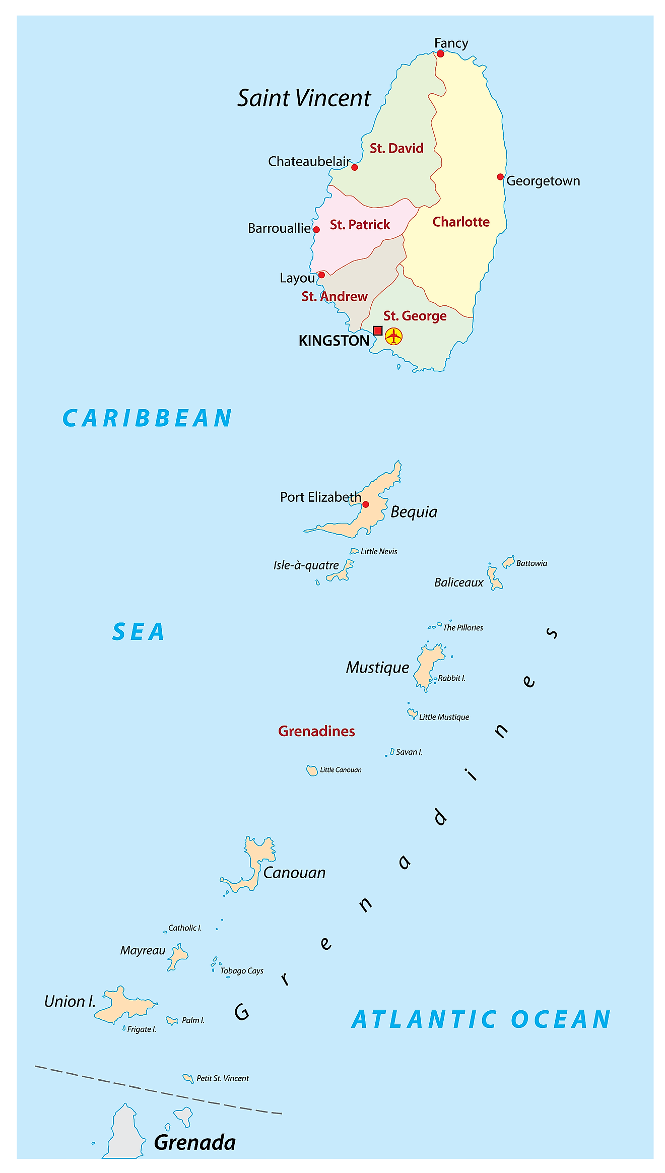 Parishes Map of St. Vincent and the Grenadines